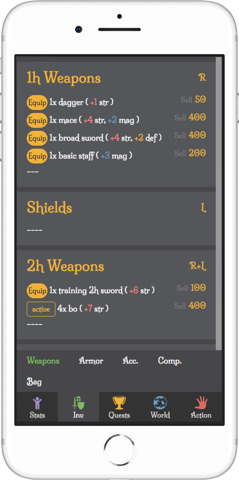 light gray rpg demo mobile inventory screenshot