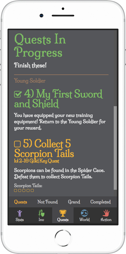 light gray rpg demo mobile quests screenshot