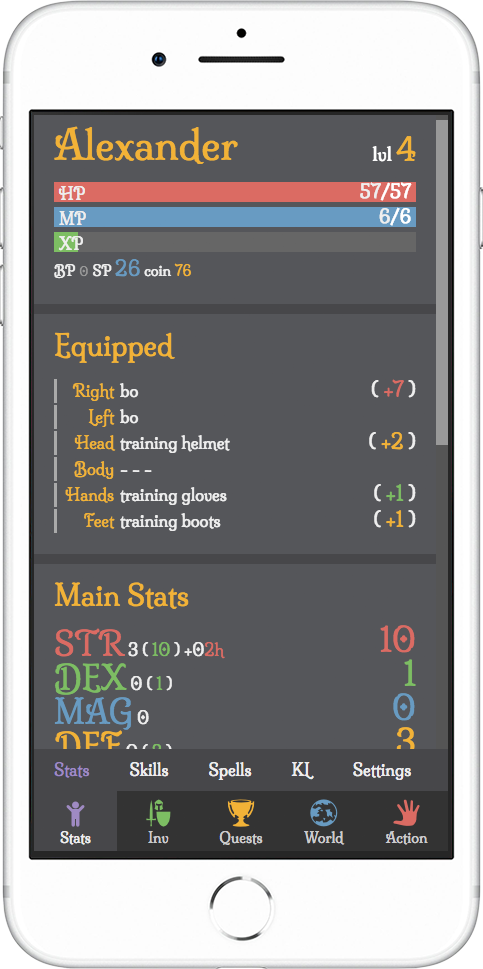 light gray rpg demo mobile stats screenshot